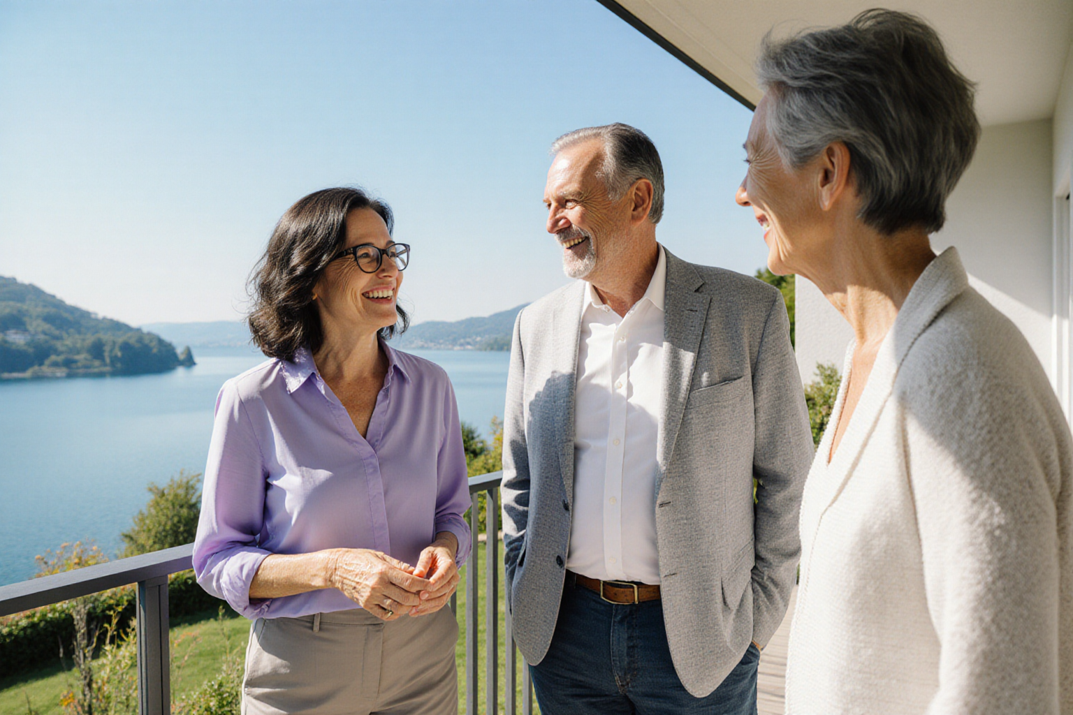 warme natürliche Begegnung auf offener See-Terrasse, kräftige natürliche Farben und klare Gesichter, alle Köpfe vollständig