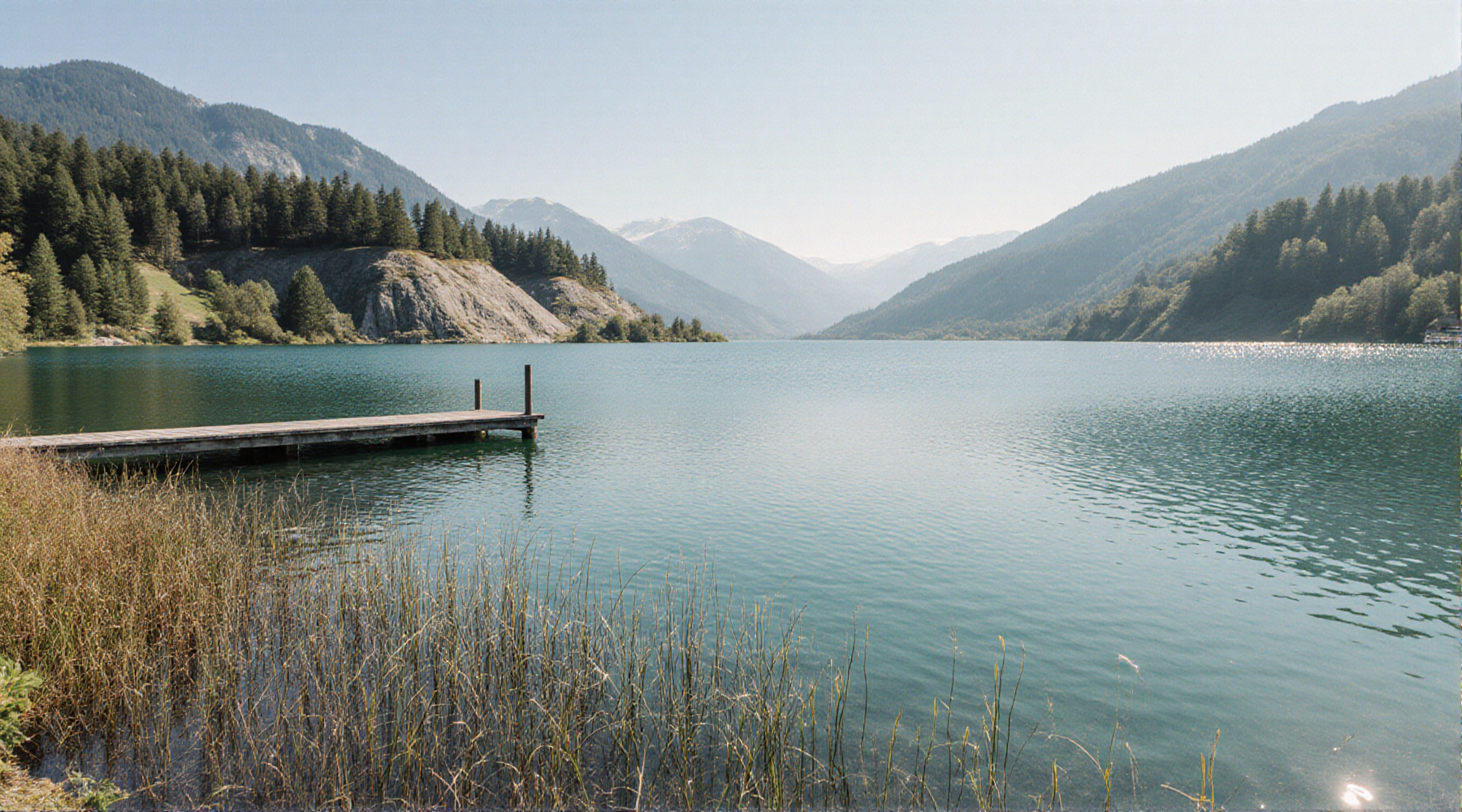 Ruhiger See mit Schilf, Holzsteg und bewaldeten Ufern